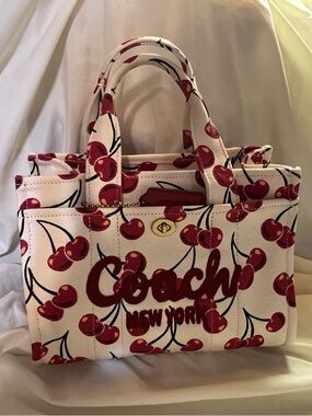 Cherry Print Canvas Tote — White/Red